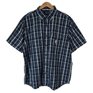 Carhartt Men 2XL Loose Fit Blue Plaid Button Down Shirt Short Sleeve Workwear
